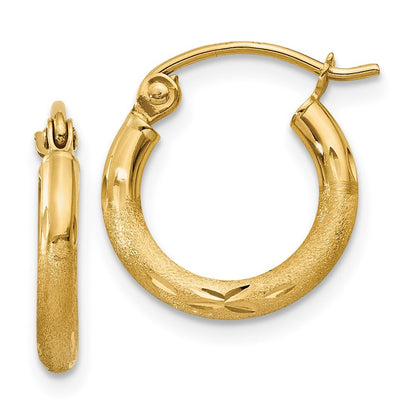 14k Yellow Gold Satin and Diamond-cut 2mm Round Tube Hoop Earrings