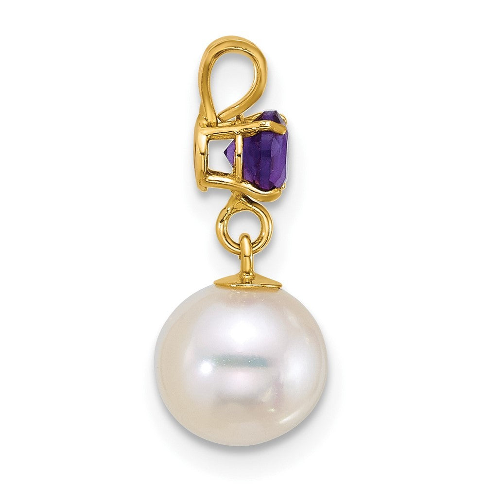 14k Yellow Gold 7-8mm Round White Cultured Pearl Dangle and Amethyst Pendant
