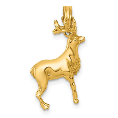 14k Yellow Gold Polished 3-D Reindeer Charm Pendant for Women