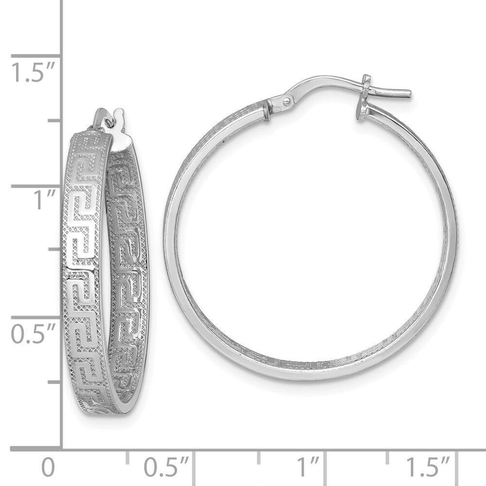 Sterling Silver RH-plated Polished Textured Greek Key Hoop Earrings