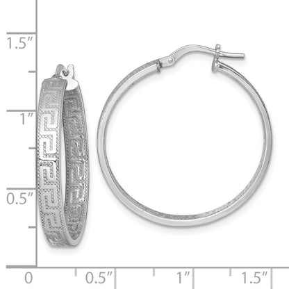 Sterling Silver RH-plated Polished Textured Greek Key Hoop Earrings