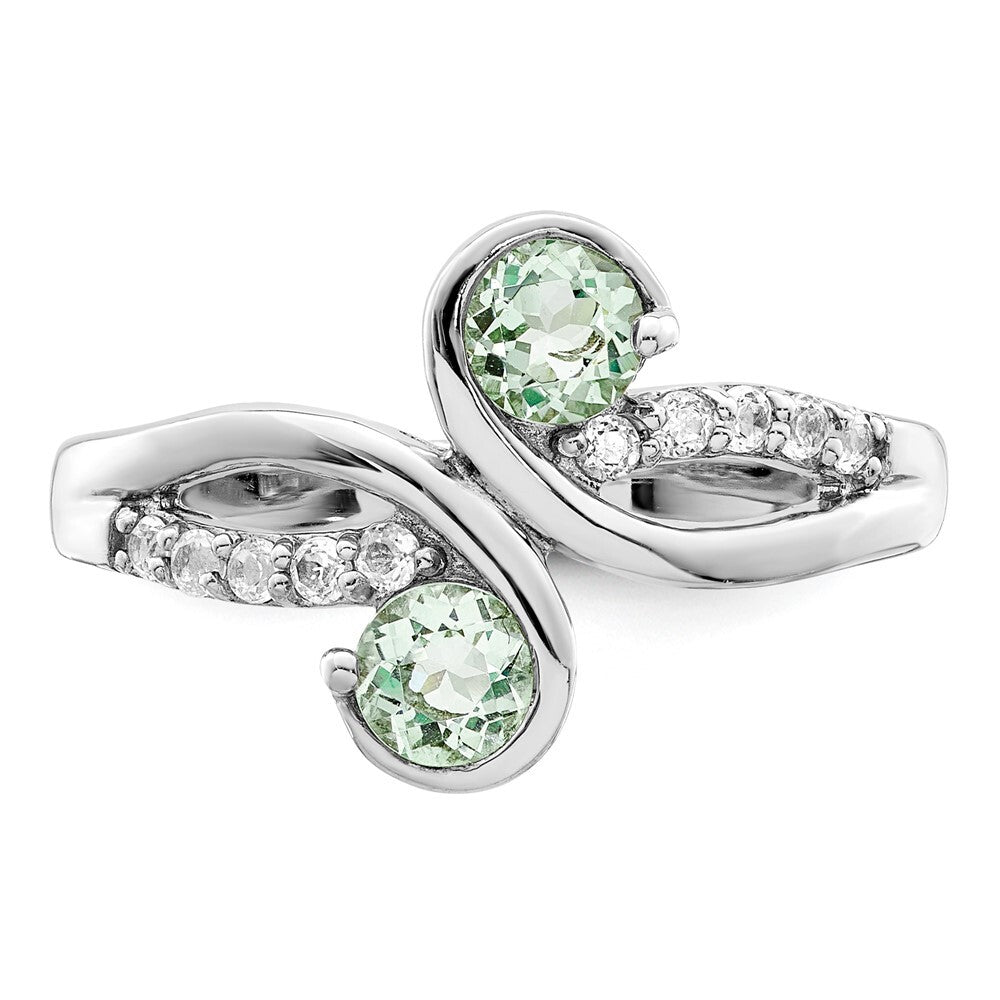 SS Rhod-plated .6t.w. Green Quartz & White Topaz Swirl Ring Size 7
