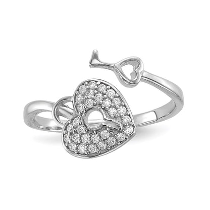 Sterling Silver Rhodium-plated Cubic Zirconia Heart Lock and Key Ring Size 7