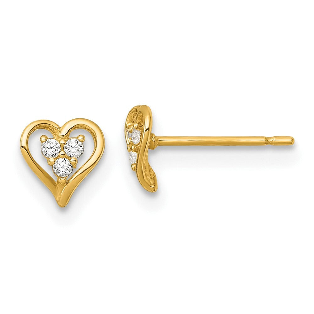 14k Yellow Gold Polished Cubic Zirconia Open Heart Stud Earrings Gift for Women