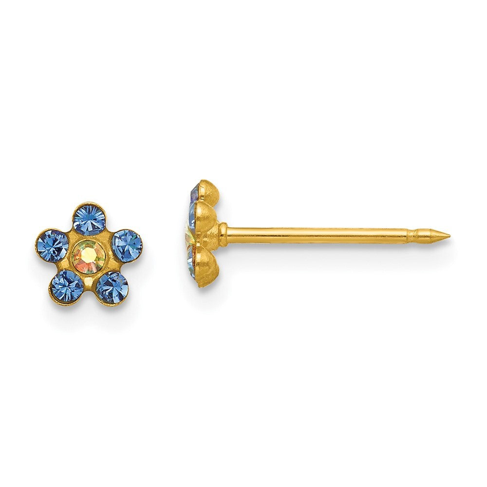 14k Yellow Gold Blue/Aurora Borealis Crystal Flower Stud Earrings