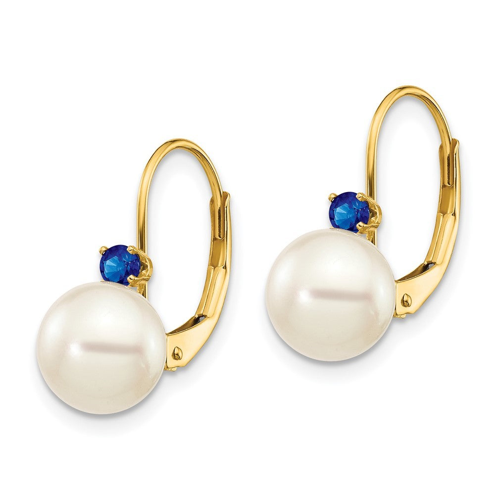 14k Yellow Gold 7-7.5mm White Round Cultured Pearl Sapphire Leverback Earrings