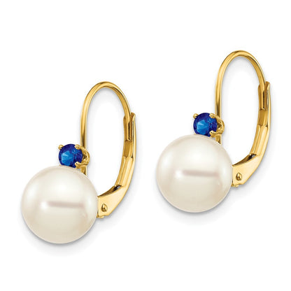 14k Yellow Gold 7-7.5mm White Round Cultured Pearl Sapphire Leverback Earrings