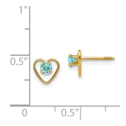 14k Yellow Gold 3mm Genuine Blue Topaz Birthstone Heart Stud Earrings