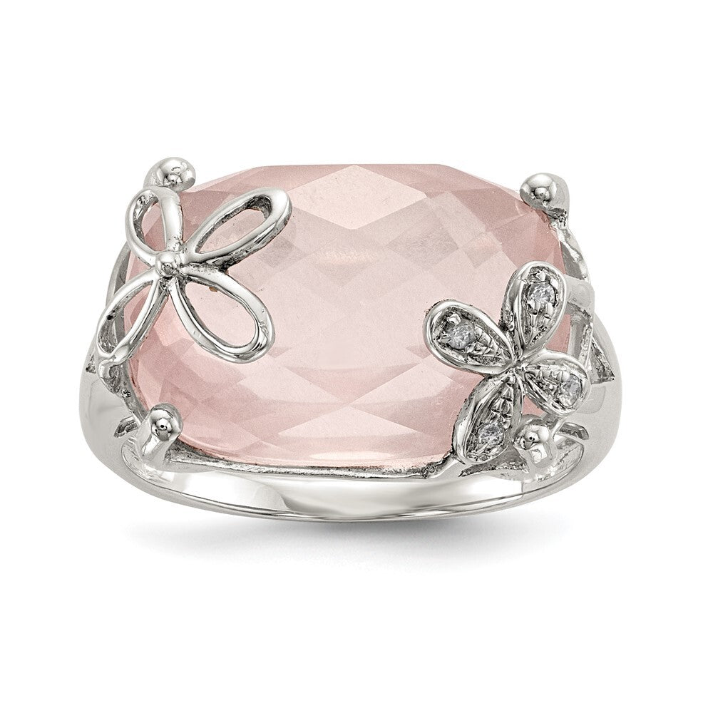 Sterling Silver Rhodium-plated Rose Quartz/White Sapphire Ring Size 7