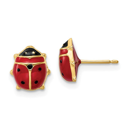 14k Yellow Gold Polished Enameled Large Ladybug Stud Earrings Gift for Women