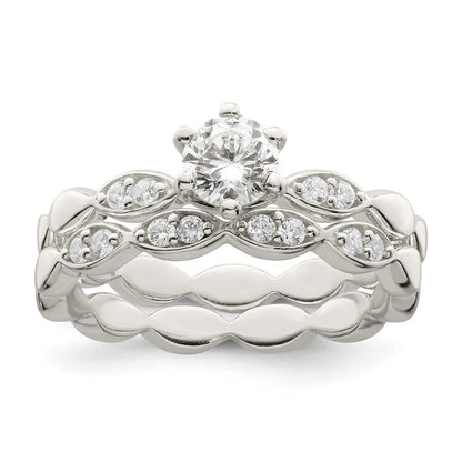 Sterling Silver Polished CZ Wedding Ring Set Size 8