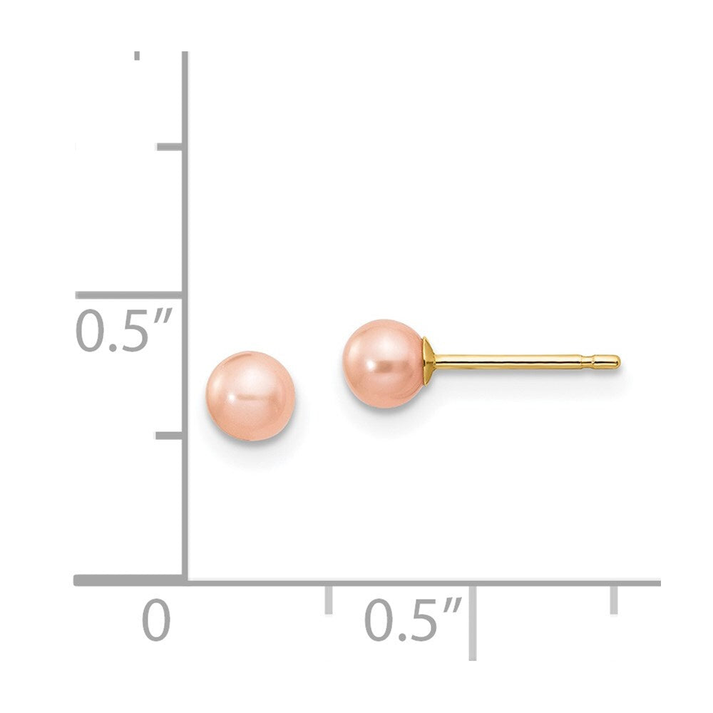 14k Yellow Gold 4-5mm Pink Round Freshwater Cultured Pearl Stud Earrings