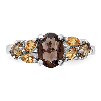 SS Rhodium Smoky and Whiskey Quartz Citrine White Topaz Ring Size 6