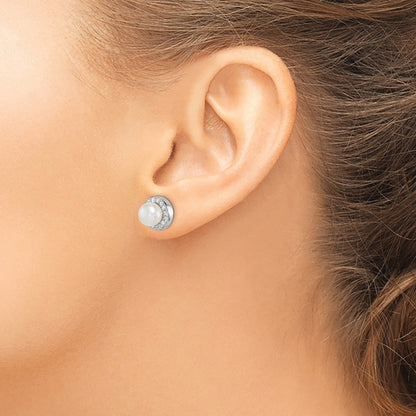 Sterling Silver 7-8mm Freshwater Cultured Pearl and CZ Earrings