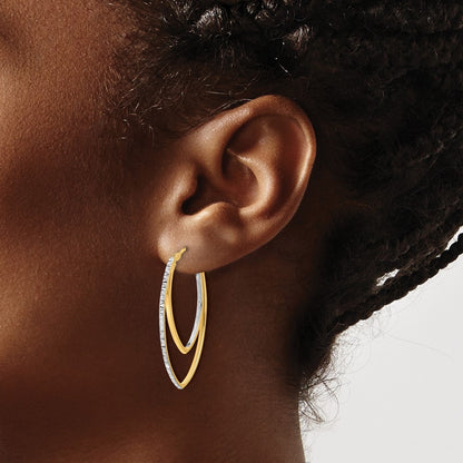 14k Yellow Gold Polished and Rhodium Diamond-cut V Shape Hoop Earrings