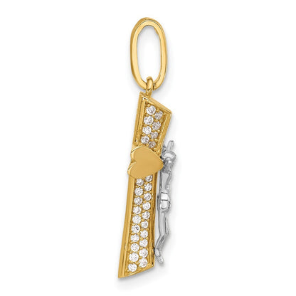 14K Two-Tone Gold Polished Cubic Zirconia Crucifix with Heart Ends Pendant