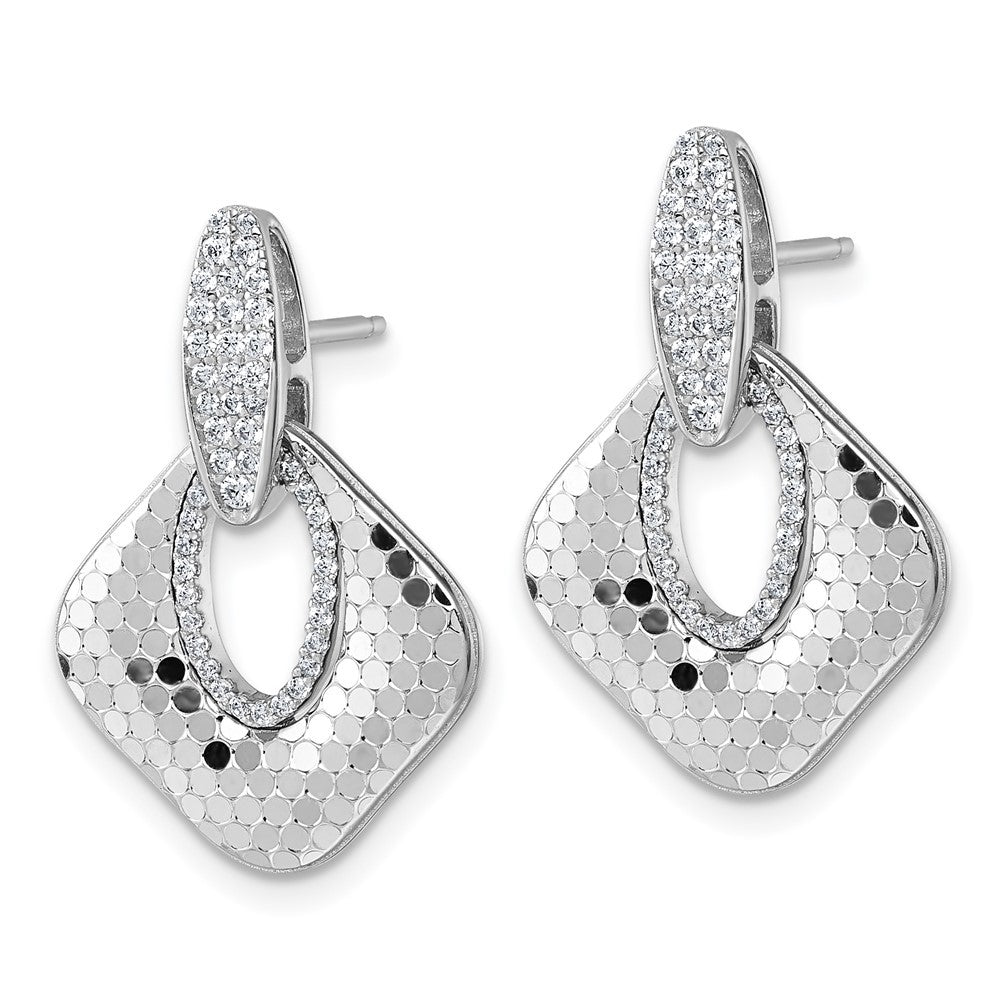Sterling Silver Rhodium-plated CZ Polished Textured Doorknocker Dangle Earrings