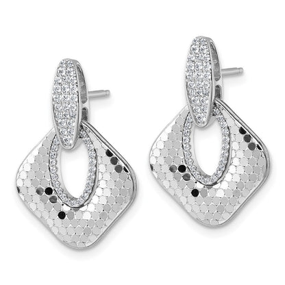 Sterling Silver Rhodium-plated CZ Polished Textured Doorknocker Dangle Earrings