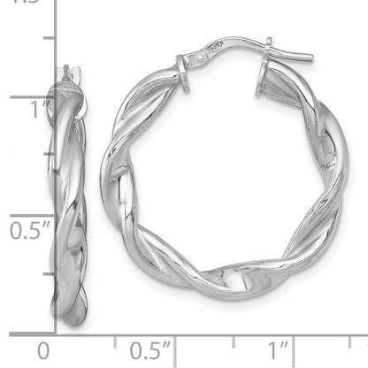 Sterling Silver RH-plated Polished and Twisted Round Hoop Earrings