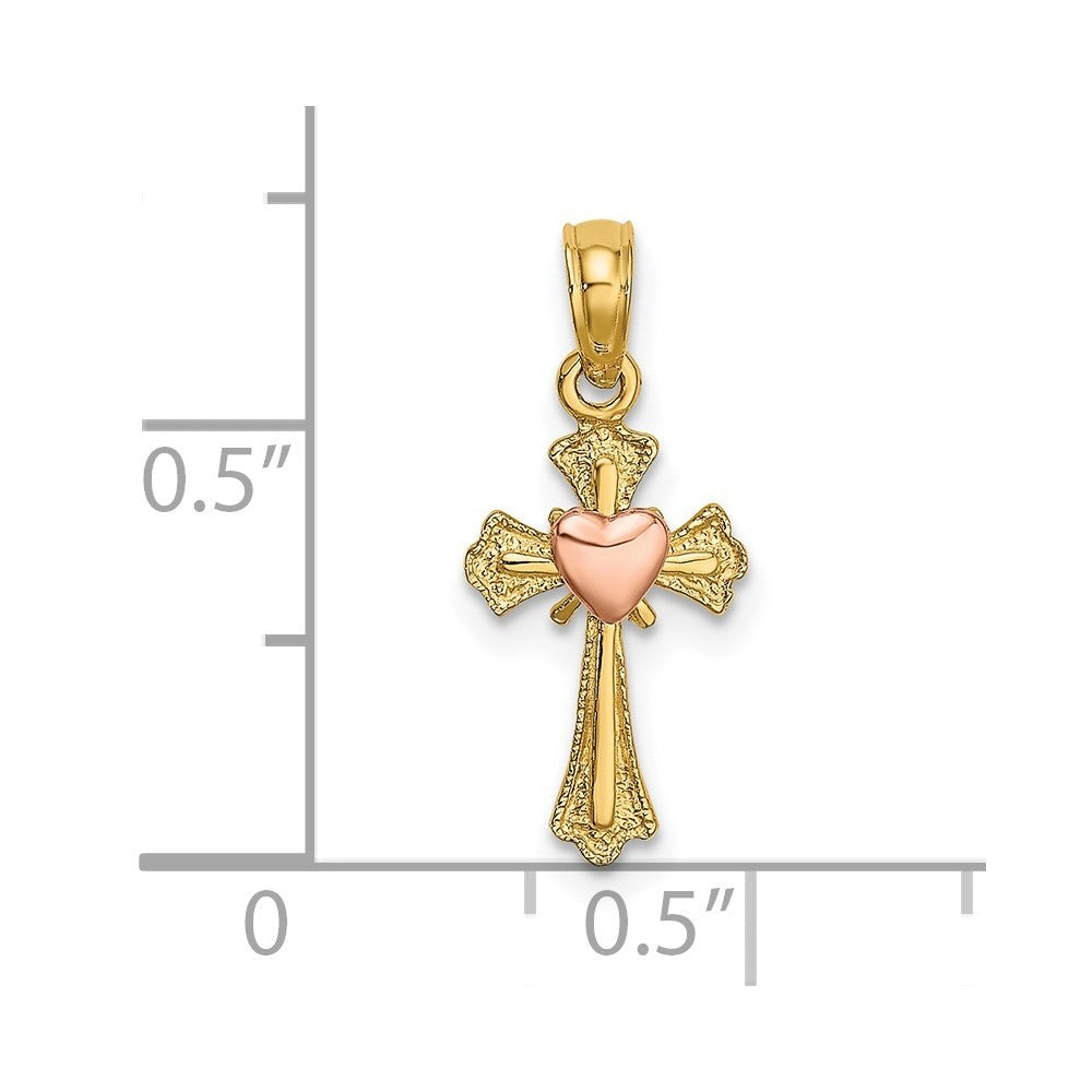 14k Two-tone Gold Cross w/ Heart Charm Pendant