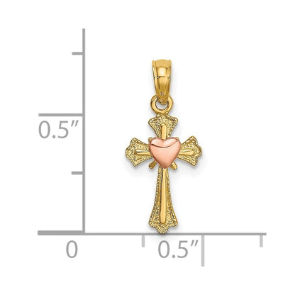 14k Two-tone Gold Cross w/ Heart Charm Pendant