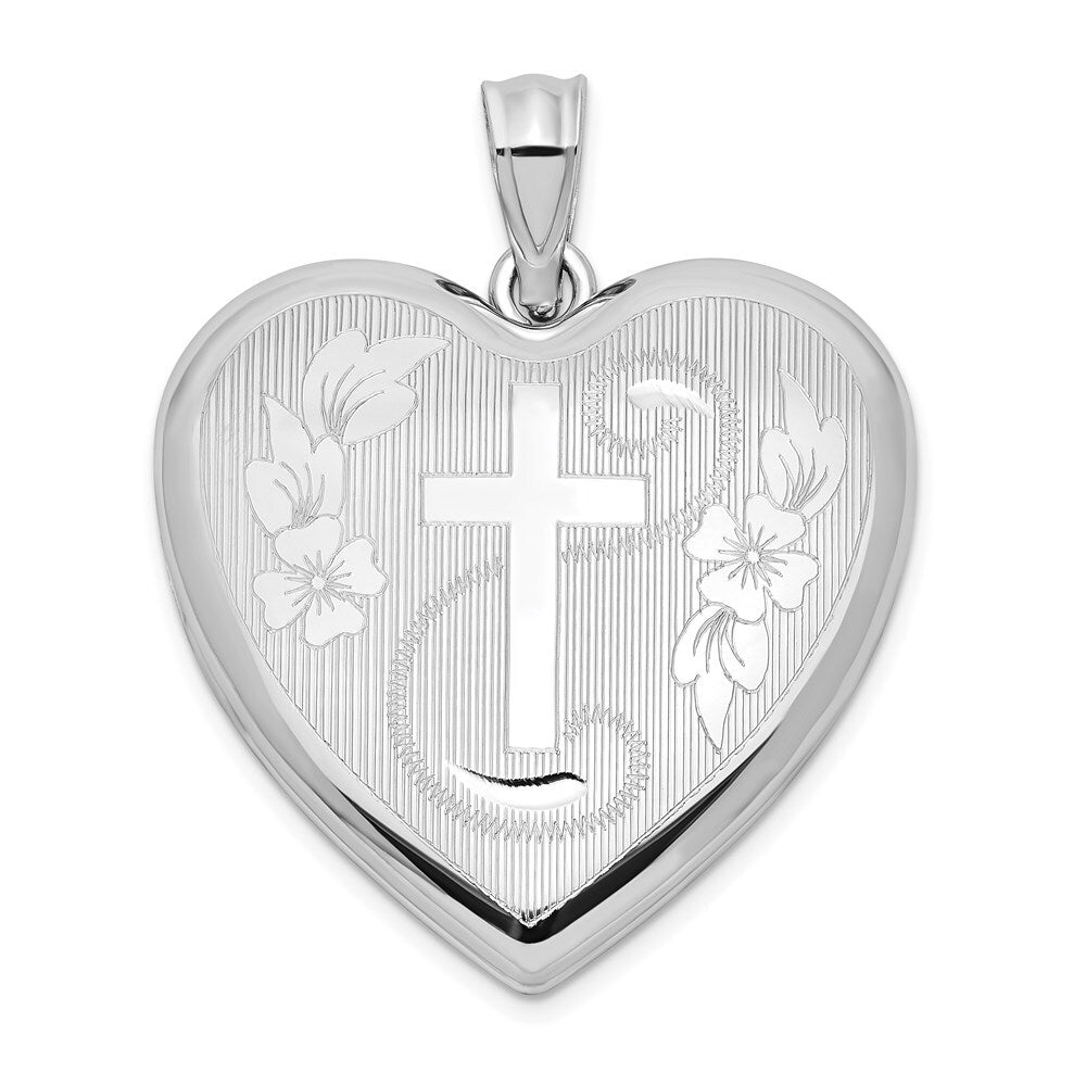 Sterling Silver Rhodium-plated 24mm Diamond-cut Cross Ash Holder Heart Locket