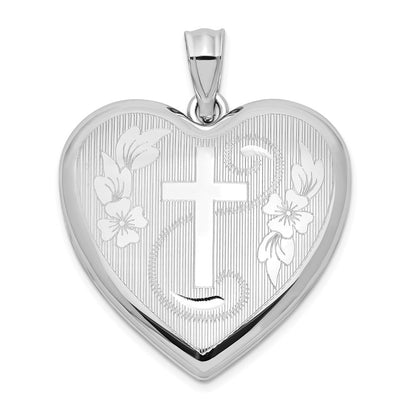 Sterling Silver Rhodium-plated 24mm Diamond-cut Cross Ash Holder Heart Locket