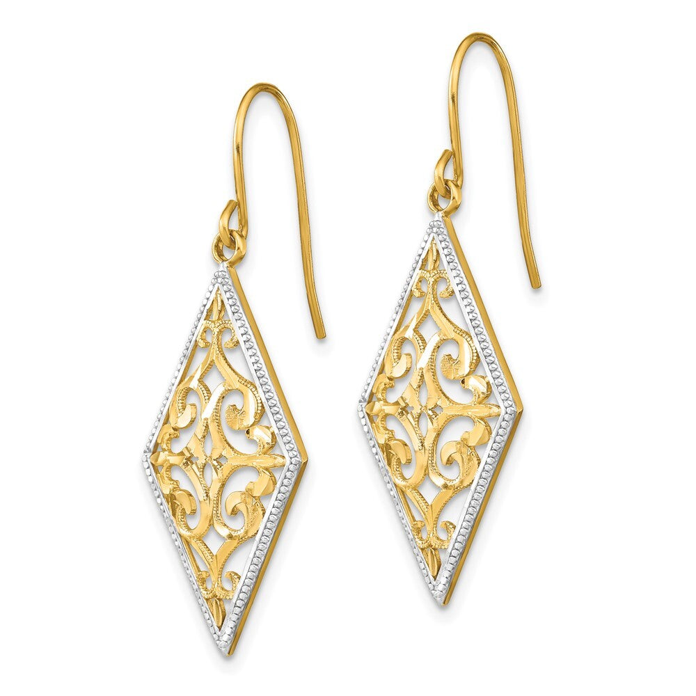 14k Yellow Gold Rhodium Diamond Shape Filigree Dangle Earrings