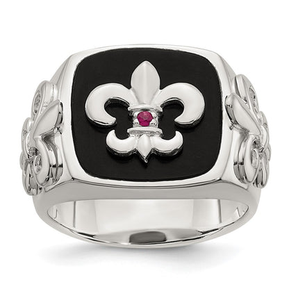 Sterling Silver .03Ruby/Black Agate Fleur de Lis Ring Size 9
