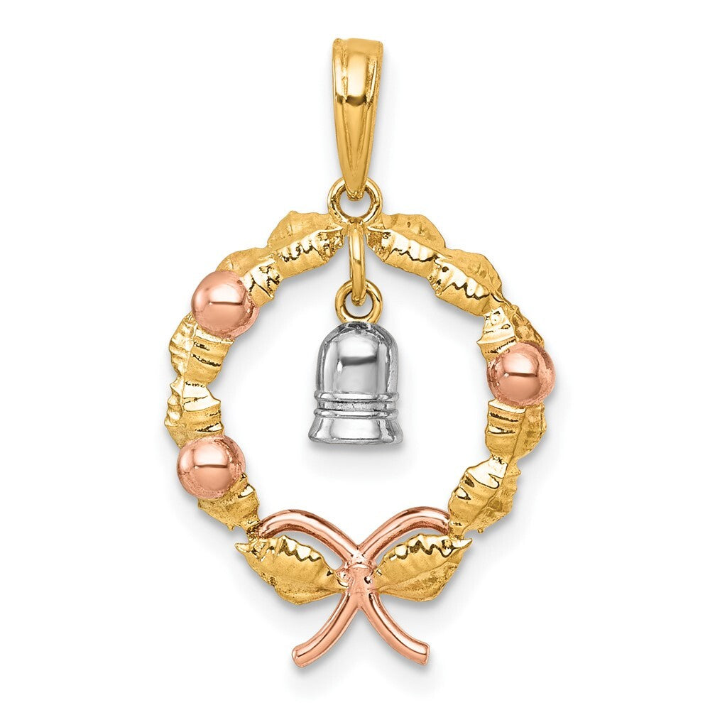 14k Two-tone Gold  with Rose-plating Polished Wreath With Bell Charm Pendant