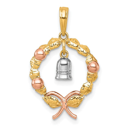 14k Two-tone Gold  with Rose-plating Polished Wreath With Bell Charm Pendant