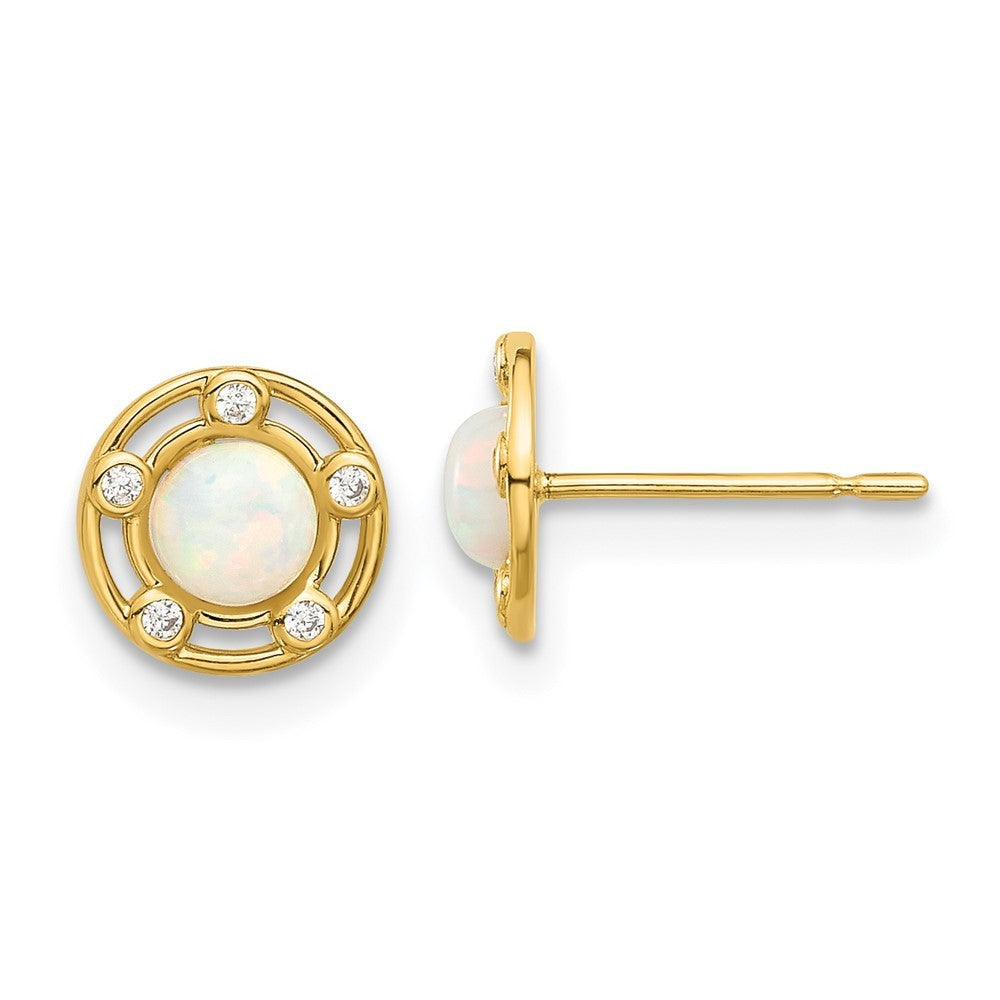 14k Yellow Gold Polished Created Opal and CZ Earrings