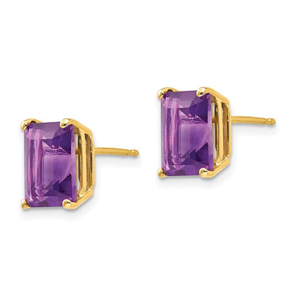 14k Yellow Gold 9x7mm Emerald Cut Amethyst Stud Earrings Gift for Women