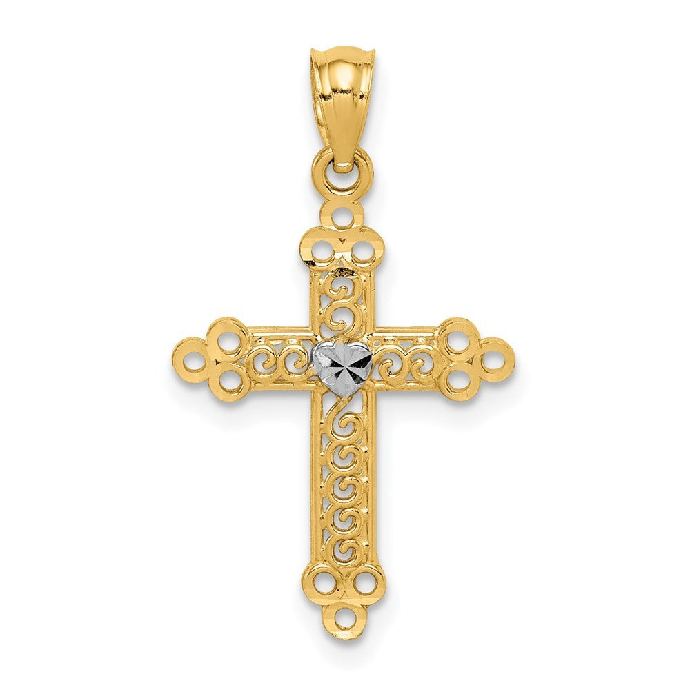14k Yellow Gold w Rhodium Budded Cross Pendant