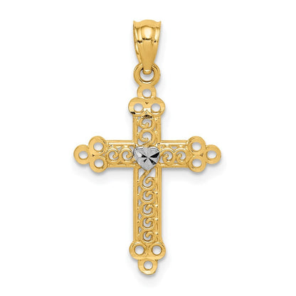 14k Yellow Gold w Rhodium Budded Cross Pendant