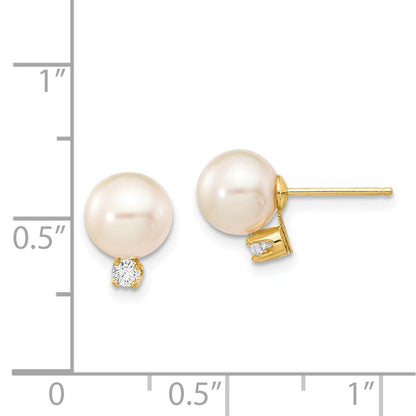 14k Yellow Gold 7-8mm Cultured Pearl & .10 Carat Diamond Stud Earrings for Women