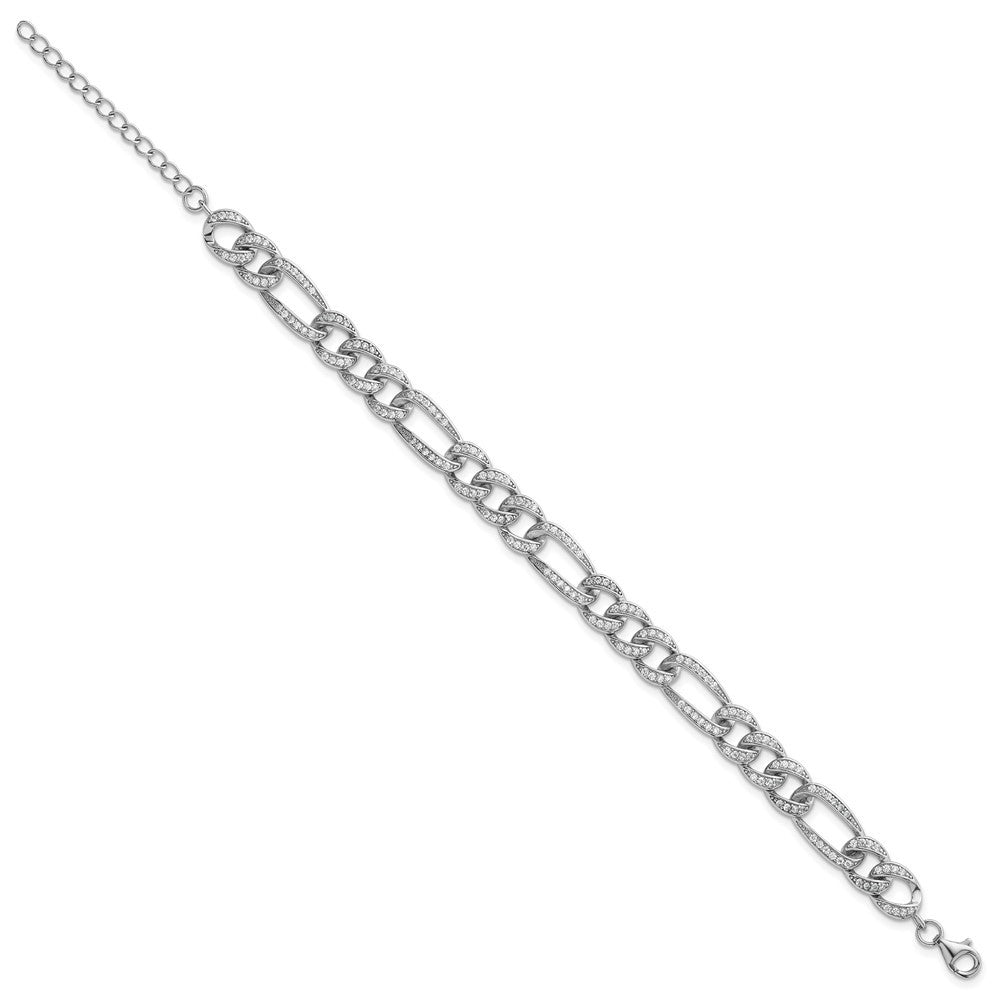 Sterling Silver CZ 8.5mm Figaro Link 7" with 1.5" Extension Bracelet