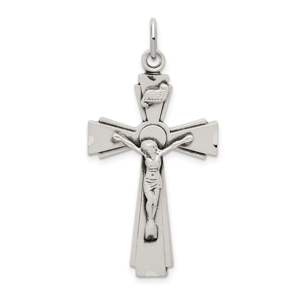 Sterling Silver Satin and Diamond-cut INRI Crucifix Pendant