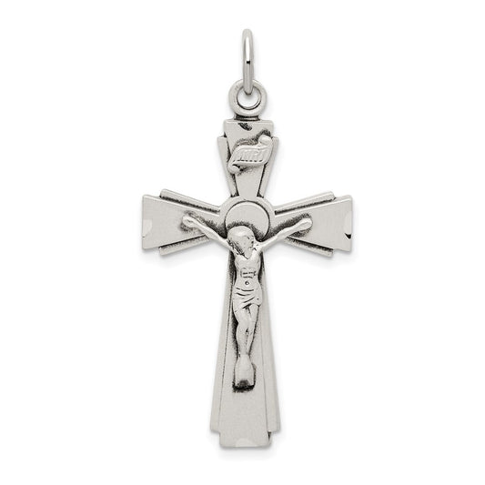 Sterling Silver Satin and Diamond-cut INRI Crucifix Pendant