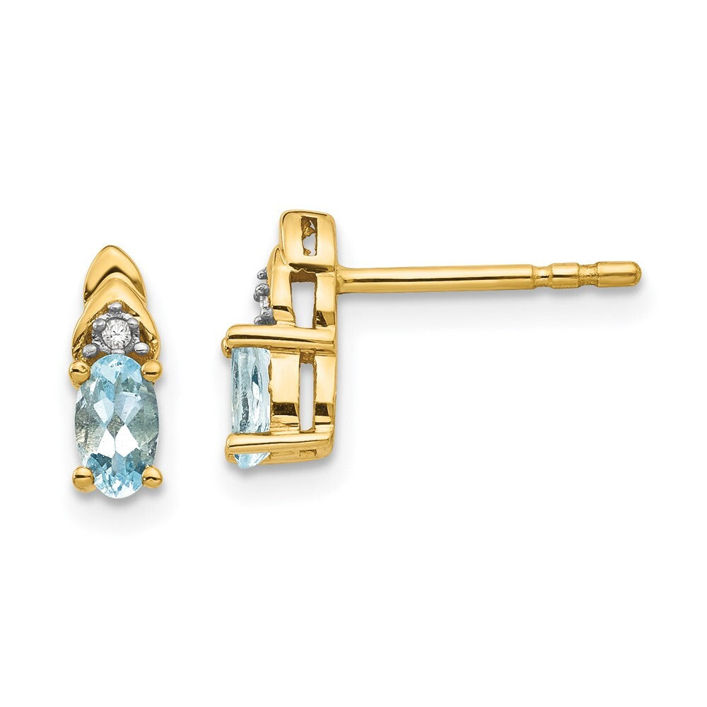 14k Yellow Gold Aquamarine and Diamond Stud Earrings Gift for Women