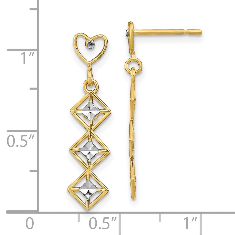 14k Yellow Gold w/RH Diamond-Cut Heart and Diamond Shape Dangle Earrings