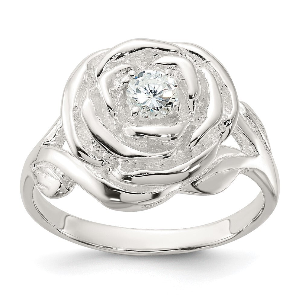 Sterling Silver Polished CZ Flower Rose Ring Size 7