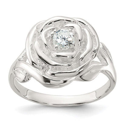 Sterling Silver Polished CZ Flower Rose Ring Size 7