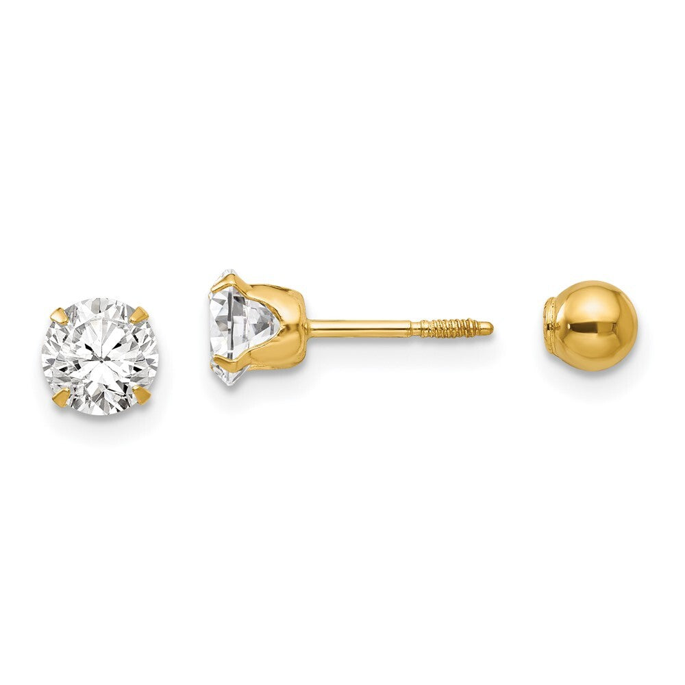14k Yellow Gold Polished Reversible 5mm Cubic Zirconia & Ball Stud Earrings