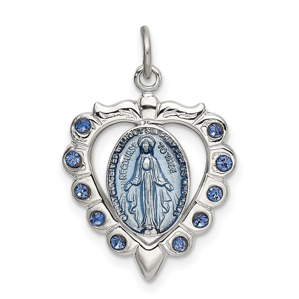 Sterling Silver Epoxy & Crystal Miraculous Medal Pendant Heart Pendant