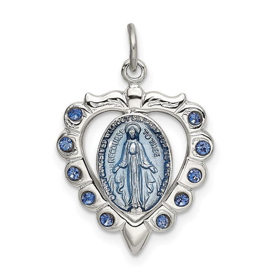 Sterling Silver Epoxy & Crystal Miraculous Medal Pendant Heart Pendant