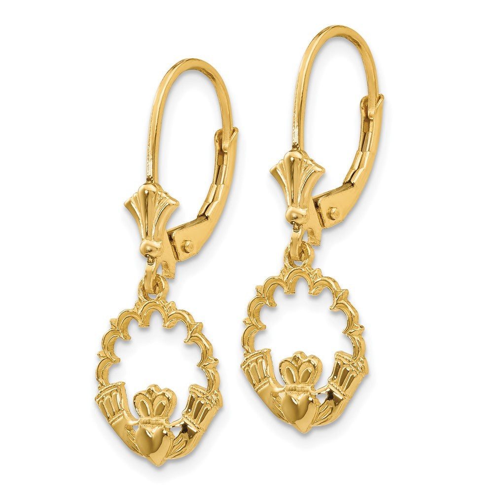14k Yellow Gold Claddagh in Circle Drop Dangle Earrings