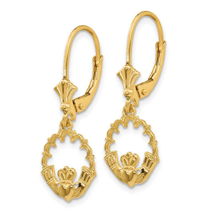 14k Yellow Gold Claddagh in Circle Drop Dangle Earrings