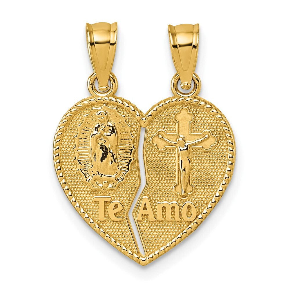 14k Yellow Gold Polished Te Amo Spanish Religious Break-apart Heart Pendant