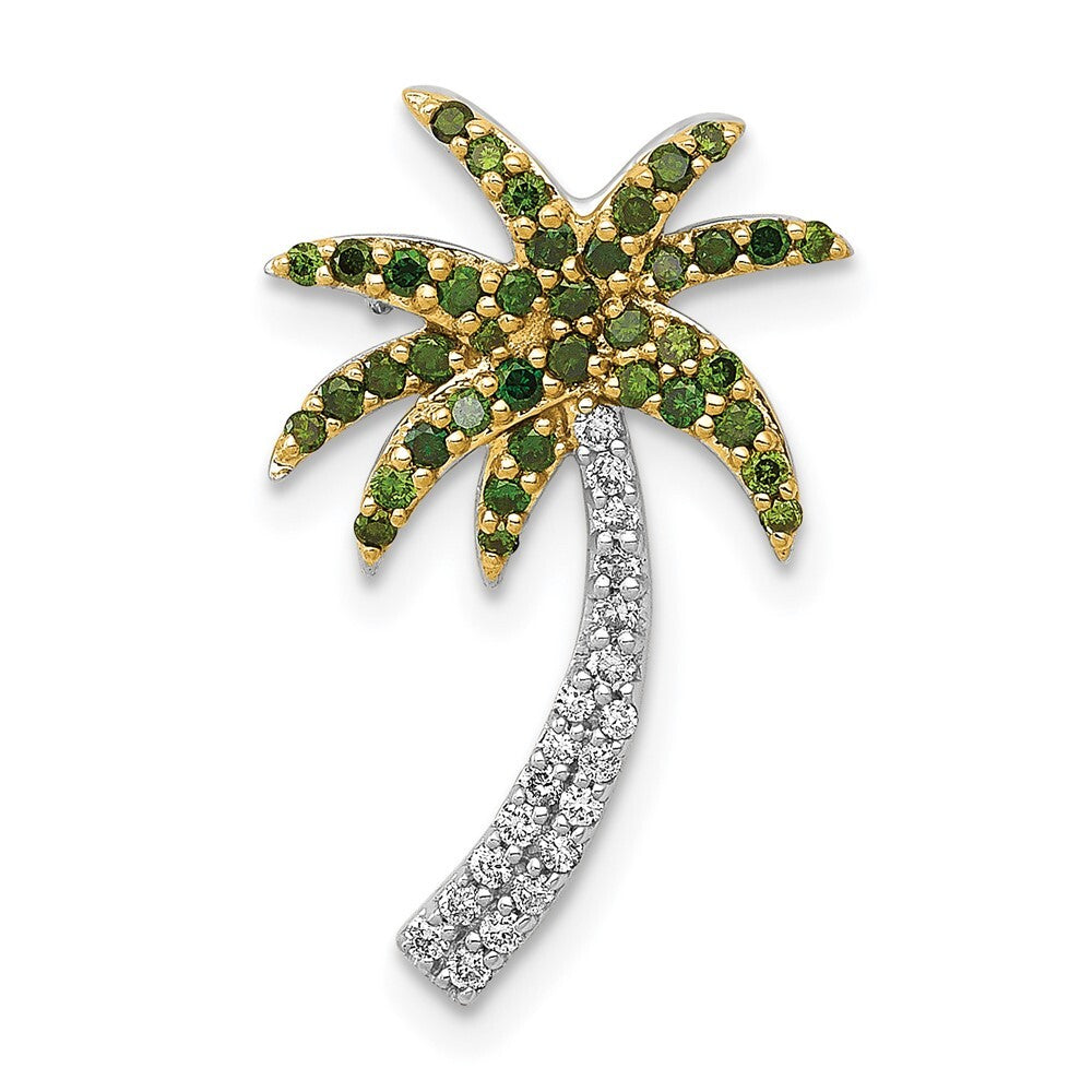 14k White Gold White and Green Diamond Palm Tree Chain Slide Pendant for Women